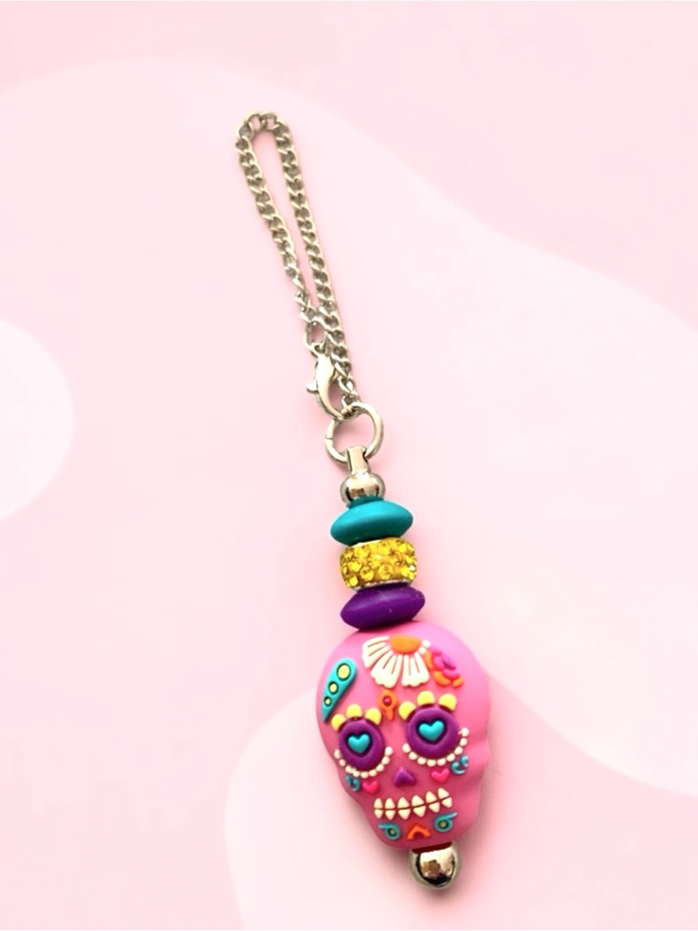 Pink Sugar Skull Keychain, Cup charm, or ?  with Colorful Accents Handmade